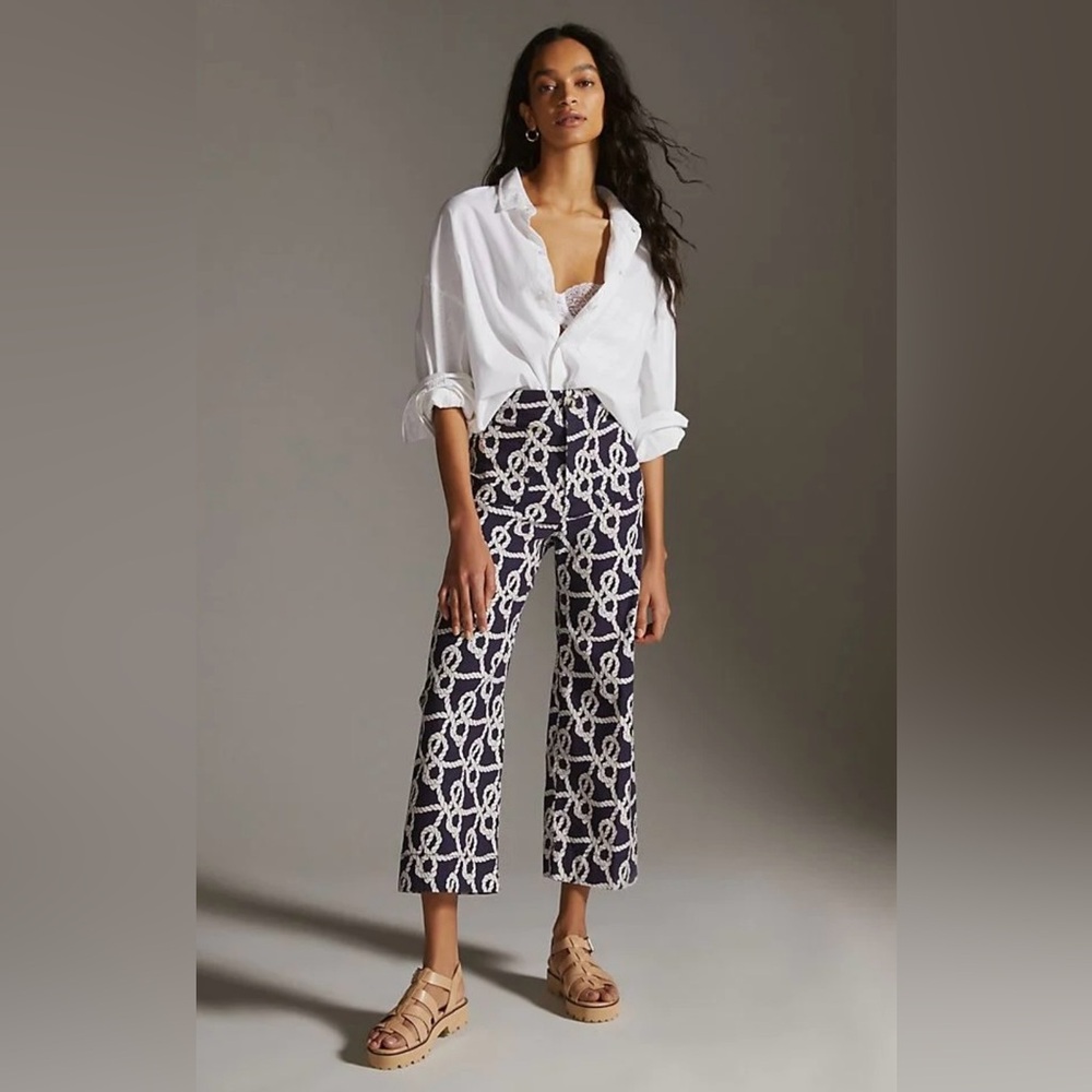 Anthropologie Maeve Colette Nautical Rope Print Cropped Wide-Leg Pants Sz 27